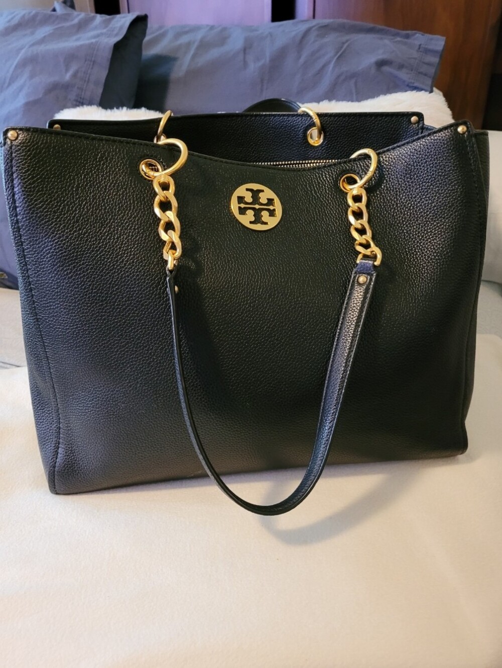 Tory Burch Black Pebbled Leather Tote with Gold Chain Handles